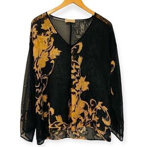 Anthropologie Language Black Gold Silk Blend Semi Sheer Floral Blouse Size Large